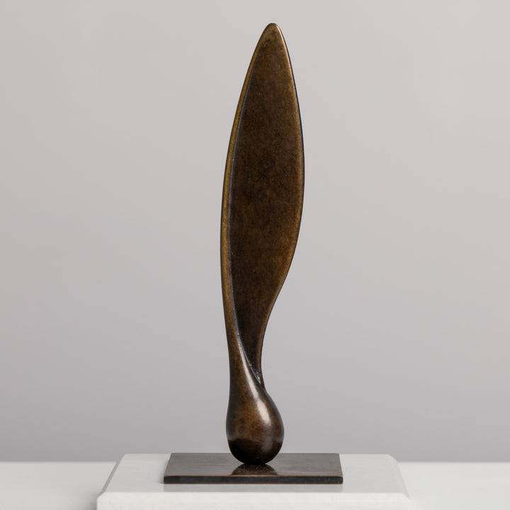 Patinated bronze Sycamore Seed sculpture by James Parker, with an elongated wing-like form, subtle torsion and a sense of suspended movement.