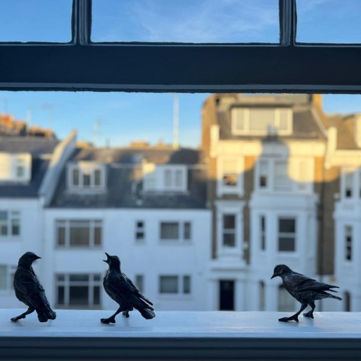 Jane Shaw Community Spirit bronze sculpture depicting a group of starlings perched along a ledge, each bird individually posed to suggest interaction, movement and communication. The figures vary subtly in stance - some alert, some mid-song - capturing the character and rhythm of urban bird life, with a naturalistic bronze finish that highlights feather texture and form against an architectural setting.