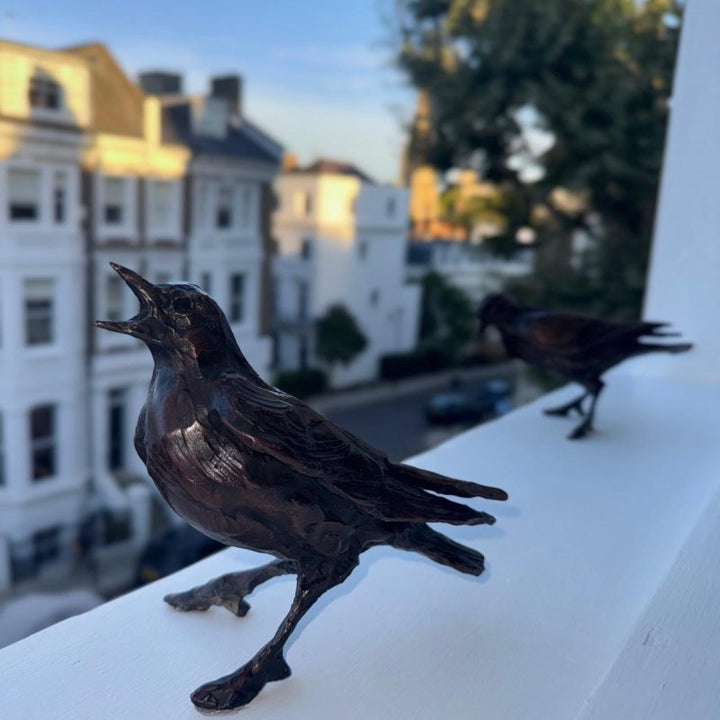Jane Shaw Community Spirit bronze sculpture depicting a group of starlings perched along a ledge, each bird individually posed to suggest interaction, movement and communication. The figures vary subtly in stance - some alert, some mid-song - capturing the character and rhythm of urban bird life, with a naturalistic bronze finish that highlights feather texture and form against an architectural setting.