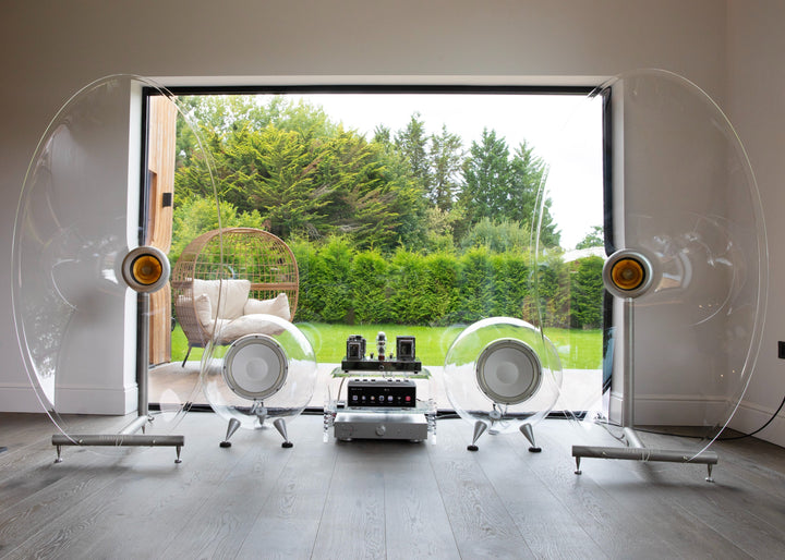 Jetstream Loudspeaker System by Ferguson Hill Studios — a hand-built British hi-fi masterpiece combining sculptural acrylic horn speakers, spherical bass units, and a precision amplifier. Transparent, powerful, and acoustically pure in both form and performance.