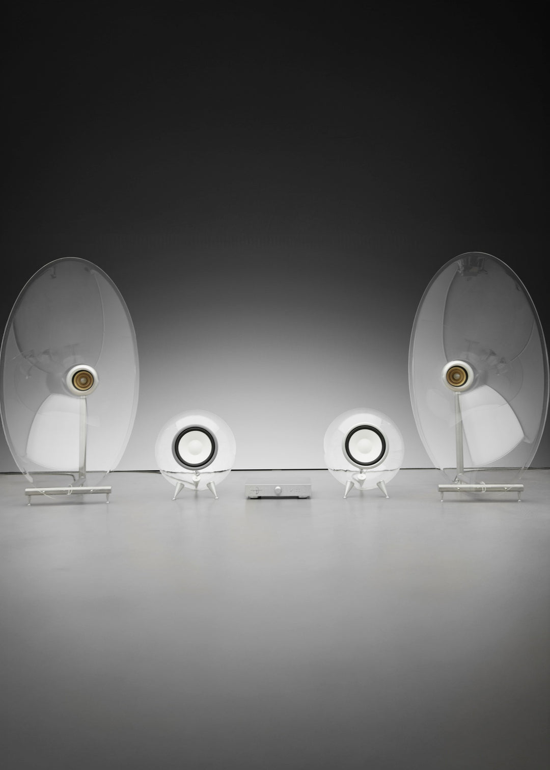 Jetstream Loudspeaker System by Ferguson Hill Studios — a hand-built British hi-fi masterpiece combining sculptural acrylic horn speakers, spherical bass units, and a precision amplifier. Transparent, powerful, and acoustically pure in both form and performance.