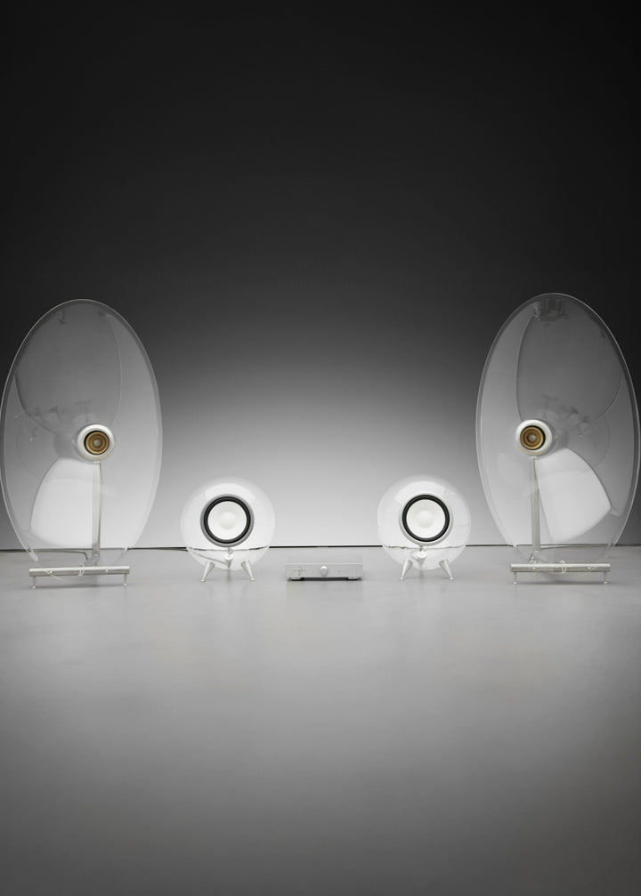 Jetstream Loudspeaker System by Ferguson Hill Studios — a hand-built British hi-fi masterpiece combining sculptural acrylic horn speakers, spherical bass units, and a precision amplifier. Transparent, powerful, and acoustically pure in both form and performance.