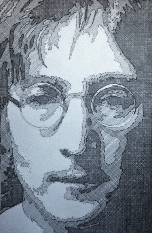 Portrait of John Lennon formed from fine black enamelled copper wire tensioned around thousands of small nails on a white board, with layered linear wiring defining facial features, round glasses and hair through tonal contrast, depth and shadow across a textured monochrome surface.