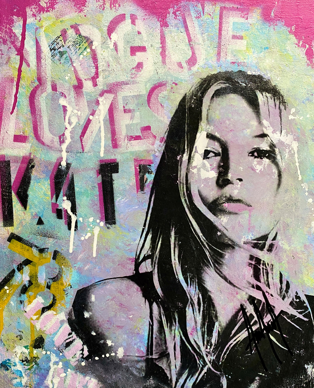“Kate 78 by Andolini Art – mixed media artwork on wood featuring Kate Moss portrait with stencil graffiti style, layered spray paint, text ‘Vogue Loves Kate’, pop art and street art influence, colours pink, yellow, black, white and blue.”