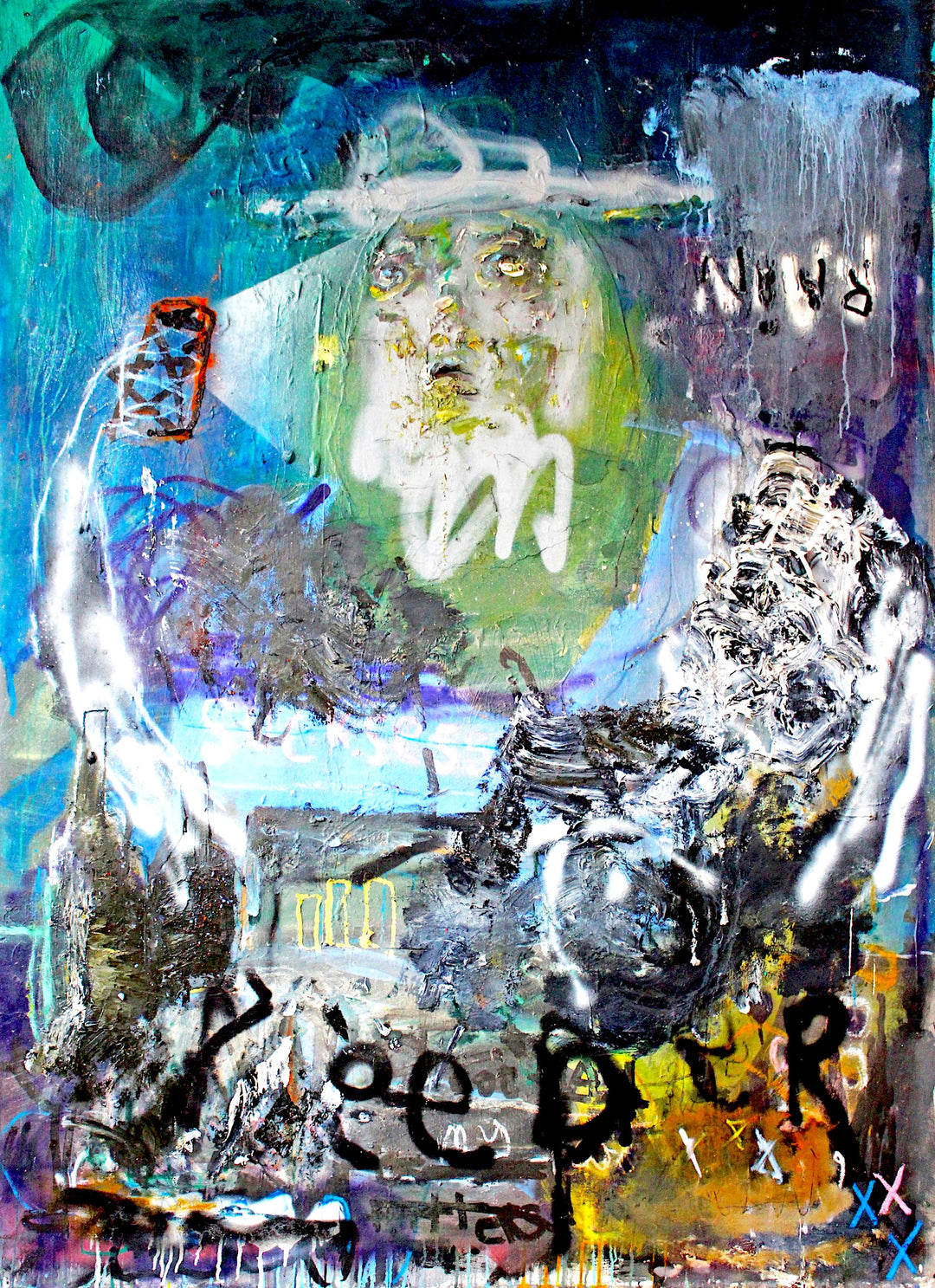 Large abstract mixed media painting by James Green with ghostly white figure holding a glowing red phone, layered blues, teals, greens and deep blacks merging with graffiti-like marks, textured strokes and raw expressive writing reading “KEEPER”.