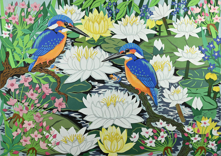 Cut-paper artwork featuring two vibrant kingfishers perched among white and yellow waterlilies, pink blossoms and layered green leaves, with rippling dark water adding movement to this colourful, nature-rich scene.