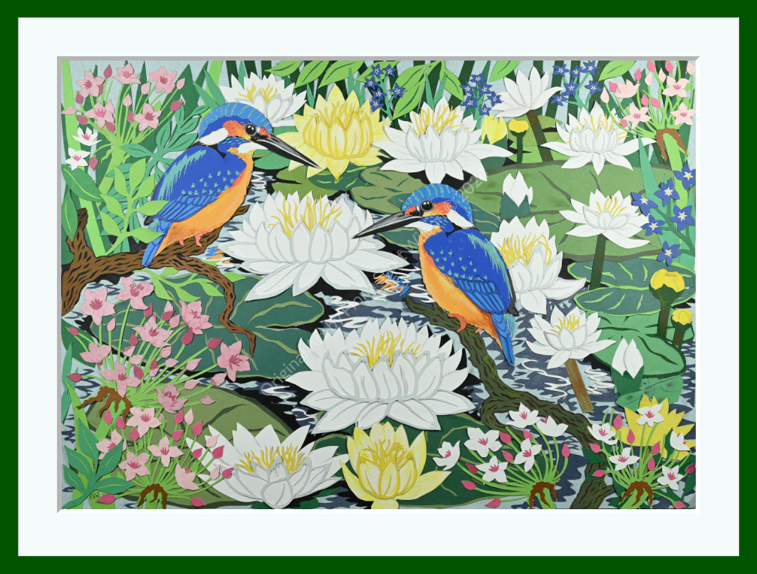Cut-paper artwork featuring two vibrant kingfishers perched among white and yellow waterlilies, pink blossoms and layered green leaves, with rippling dark water adding movement to this colourful, nature-rich scene.