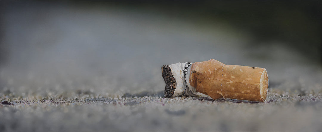 Simon Taylor, Kiss Me Goodbye, oil and acrylic on aluminium, 25 x 60cm – photorealist painting of a discarded cigarette butt lying on gritty ground, with detailed ash, torn paper and shallow depth of field in muted grey and brown tones.