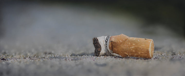 Simon Taylor, Kiss Me Goodbye, oil and acrylic on aluminium, 25 x 60cm – photorealist painting of a discarded cigarette butt lying on gritty ground, with detailed ash, torn paper and shallow depth of field in muted grey and brown tones.
