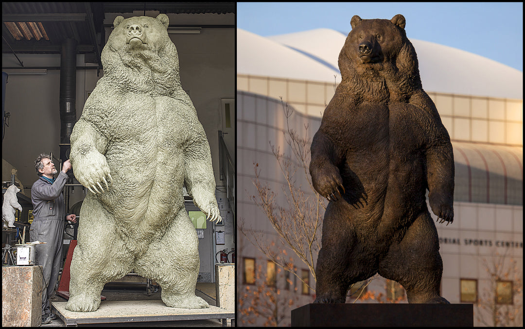 Large bronze head study of a Kodiak brown bear by Nick Bibby, showing powerful form, dense textured fur and rich brown patina, mounted on a tall bronze plinth with mottled green and earthy tones.