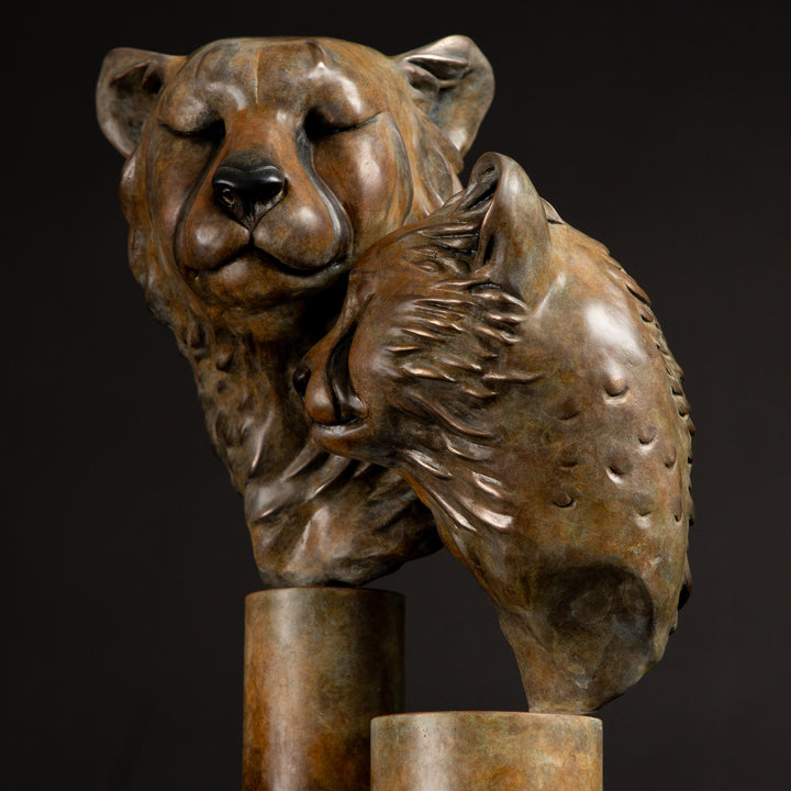Kulina cheetah mother and cub bronze sculpture by Min Reid, tender wildlife sculpture showing a protective cheetah nuzzling her cub, warm golden brown bronze patina mounted on tall cylindrical bronze plinths against a dark background