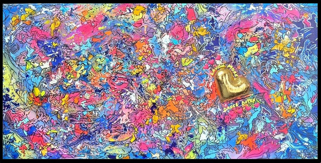A vibrant abstract mixed-media painting bursting with swirling colours in pink, blue, yellow, orange and purple, with heavy texture and fluid forms. At the right side, a raised gold 3D heart sits prominently with text around it reading “Laugh More, Dance Often”. The artwork has an expressive, energetic surface with layered paint and resin details.