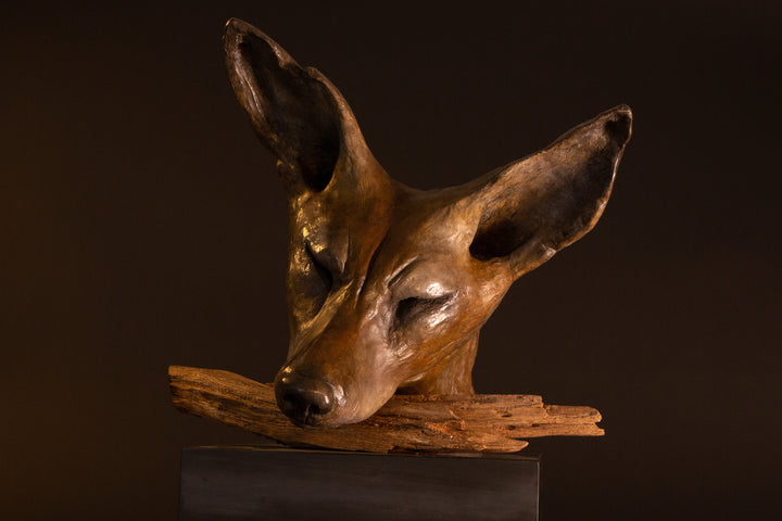 Lean On Me wild dog bronze sculpture by Min Reid, expressive resting wild dog head leaning on a natural wood branch with eyes closed, rich warm bronze patina mounted on a dark plinth against a deep shadowed background