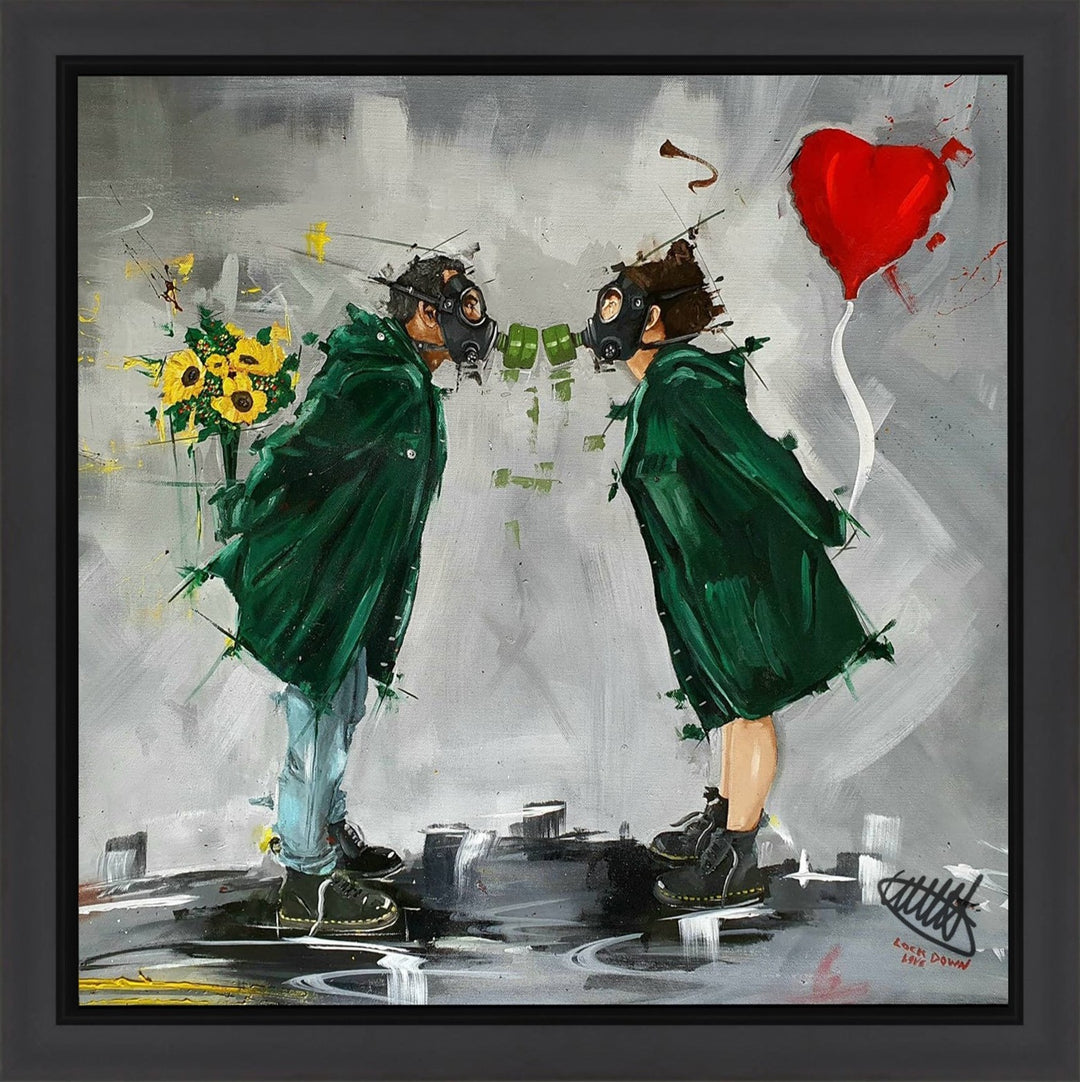 Original painting “Lockdown” by Wild Seeley — two masked figures in dark green coats leaning toward each other wearing gas masks, one holding bright yellow sunflowers, the other with a floating red heart balloon, set against an abstract grey urban backdrop with splashes of paint and gritty texture.