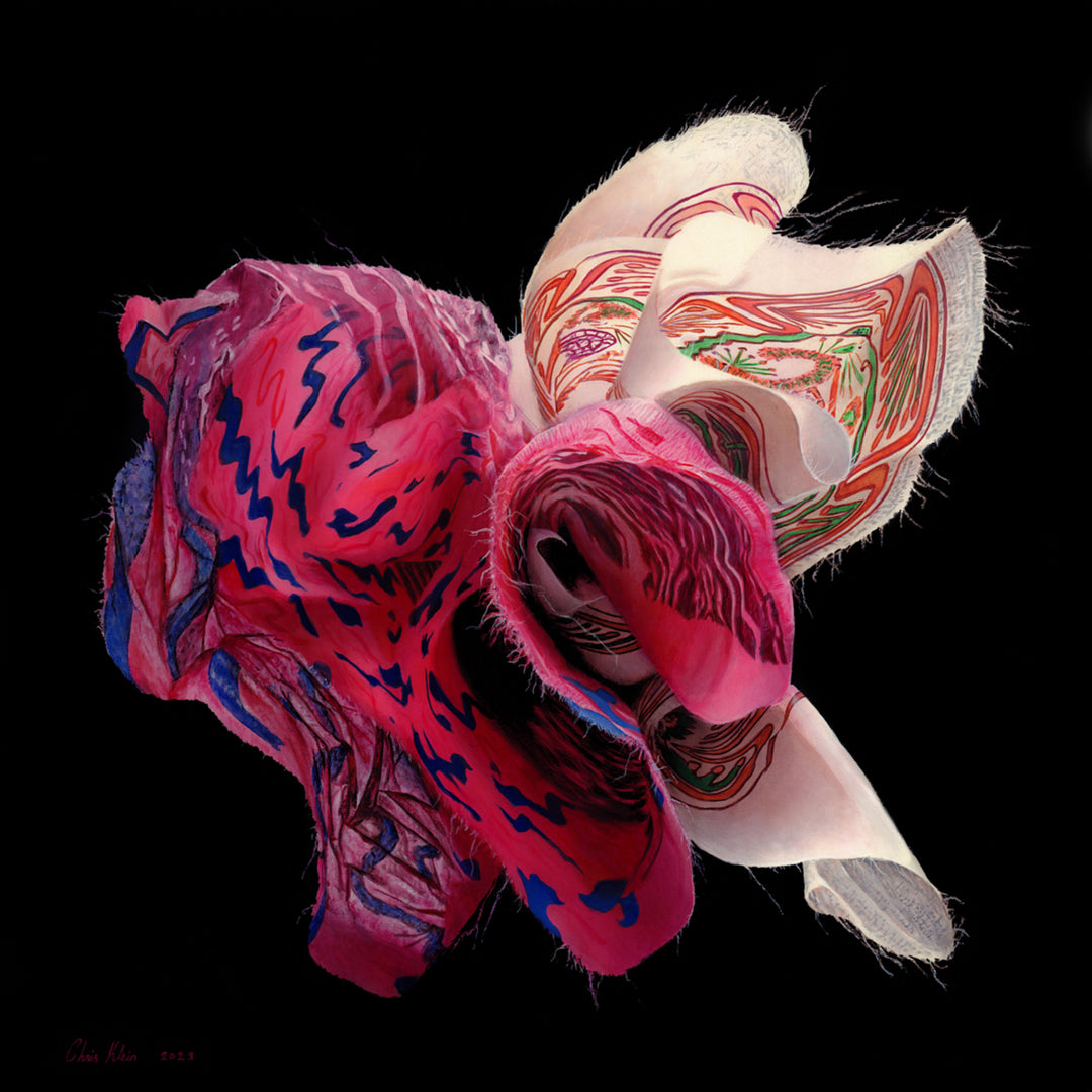 A hyperrealistic acrylic painting of intricately folded, vivid textile forms resembling an abstract flower. The fabric, designed by Dame Zandra Rhodes, bursts with dynamic pinks, reds, blues, purples, and whites, featuring layered patterns and frayed edges, set against a deep black background.