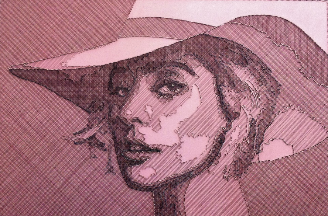 Portrait of Lady Gaga constructed from fine copper wire tensioned around numerous small nails on a painted board, with layered linear wiring forming facial features, hair and hat through tonal variation, depth and shadow across a textured pink-toned surface.