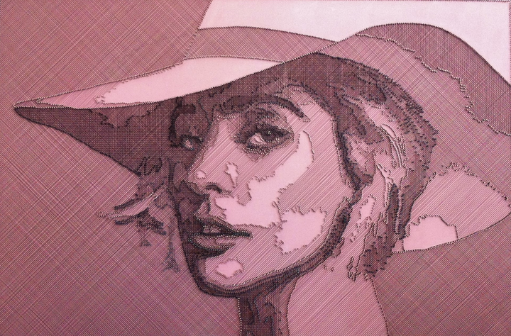 Portrait of Lady Gaga constructed from fine copper wire tensioned around numerous small nails on a painted board, with layered linear wiring forming facial features, hair and hat through tonal variation, depth and shadow across a textured pink-toned surface.