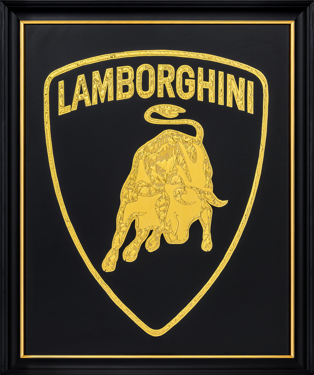 Vince Edmunds Lamborghini Golden Bull emblem in 24ct gold leaf on reverse glass, textured glue-chipped detail on black background