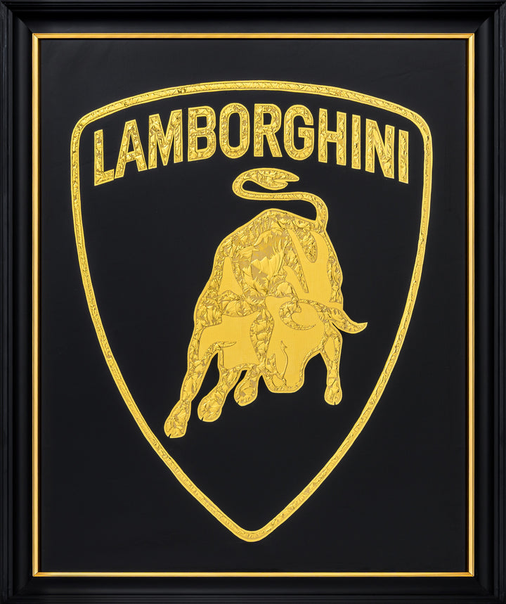 Vince Edmunds Lamborghini Golden Bull emblem in 24ct gold leaf on reverse glass, textured glue-chipped detail on black background