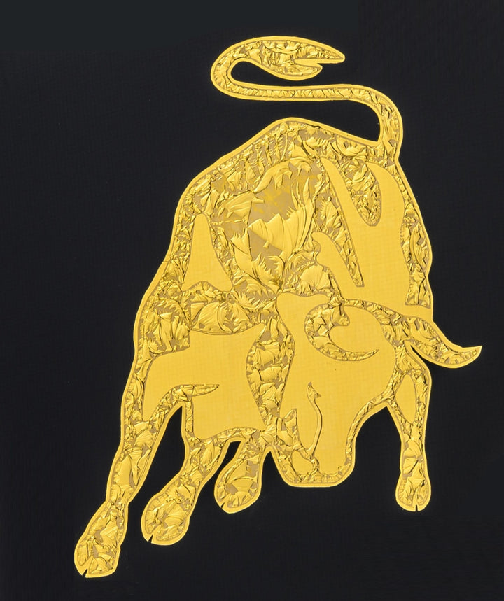 Vince Edmunds Lamborghini Golden Bull emblem in 24ct gold leaf on reverse glass, textured glue-chipped detail on black background