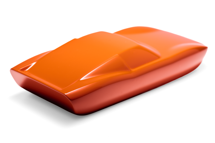 ‘Lamborghini Miura’ by Srini Gandra, a limited-edition contemporary automotive sculpture from the Forme di Velocità series, inspired by the legendary Lamborghini Miura designed by Marcello Gandini at Bertone. Presented in a vibrant high-gloss Arancio Miura orange finish, the sculpture captures the supercar's low, flowing silhouette, elongated bonnet, sculpted wheel arches, sweeping side contours and distinctive fastback profile. Its smooth, minimalist surfaces celebrate the aerodynamic elegance and timeless