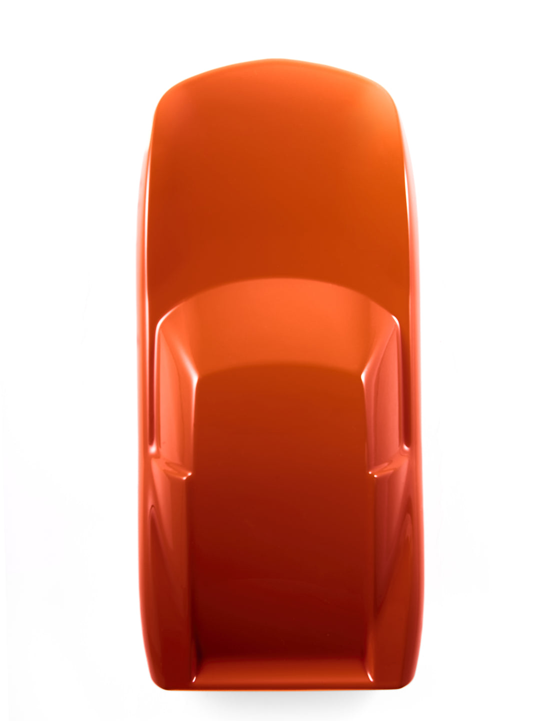 ‘Lamborghini Miura’ by Srini Gandra, a limited-edition contemporary automotive sculpture from the Forme di Velocità series, inspired by the legendary Lamborghini Miura designed by Marcello Gandini at Bertone. Presented in a vibrant high-gloss Arancio Miura orange finish, the sculpture captures the supercar's low, flowing silhouette, elongated bonnet, sculpted wheel arches, sweeping side contours and distinctive fastback profile. Its smooth, minimalist surfaces celebrate the aerodynamic elegance and timeless