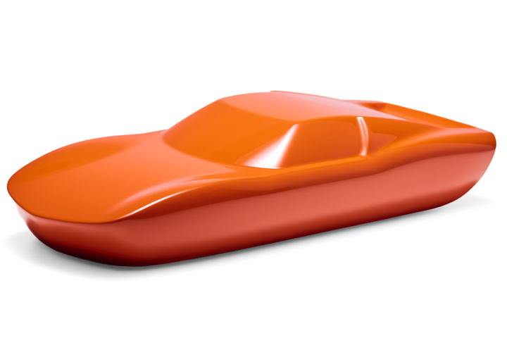 ‘Lamborghini Miura’ by Srini Gandra, a limited-edition contemporary automotive sculpture from the Forme di Velocità series, inspired by the legendary Lamborghini Miura designed by Marcello Gandini at Bertone. Presented in a vibrant high-gloss Arancio Miura orange finish, the sculpture captures the supercar's low, flowing silhouette, elongated bonnet, sculpted wheel arches, sweeping side contours and distinctive fastback profile. Its smooth, minimalist surfaces celebrate the aerodynamic elegance and timeless