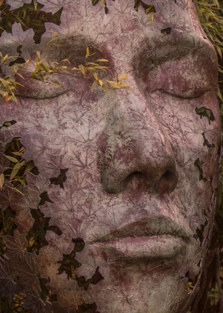 Simon Gudgeon bronze sculpture Leaf Spirit featuring a serene monumental face formed with organic leaf patterns displayed within a landscaped garden and woodland setting.
