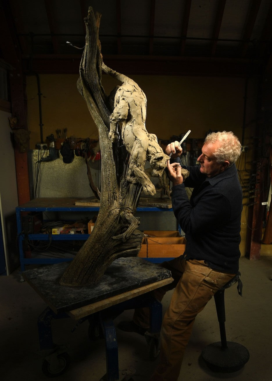 ‘Leopard Climbing Down a Tree’ by Hamish Mackie, a limited-edition bronze wildlife sculpture depicting an African leopard descending headfirst down a tall, weathered tree trunk. The leopard's muscular body, extended forelegs and curved tail capture the animal's extraordinary agility and balance. Finished in natural earthy bronze tones, the sculpture features a highly textured tree trunk mounted on a rectangular Purbeck limestone base, inspired by the artist's wildlife observations in the Serengeti.