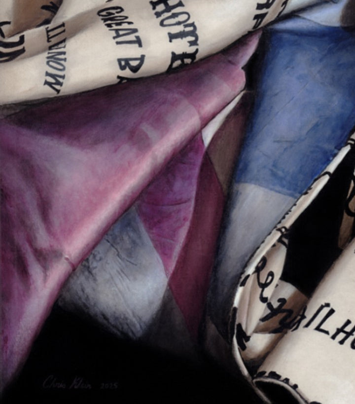 Hyperrealist painting of Brian May’s cream-coloured coat with bold black text listing iconic rock songs, captured in sweeping folds with glimpses of a blue shirt and red tie beneath. The artwork pays homage to May’s 2002 Jubilee performance atop Buckingham Palace and the artistry of theatrical costume design.