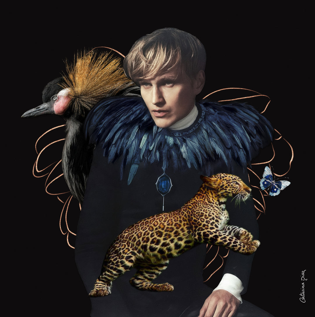 Catarina Diaz’s Let Me Hold You, analogue collage on Somerset Enhanced Velvet with oil on gesso-primed canvas. Blonde man in black with blue feathered collar, crowned crane, leopard, and blue butterfly, set against a deep black backdrop with gold accents.