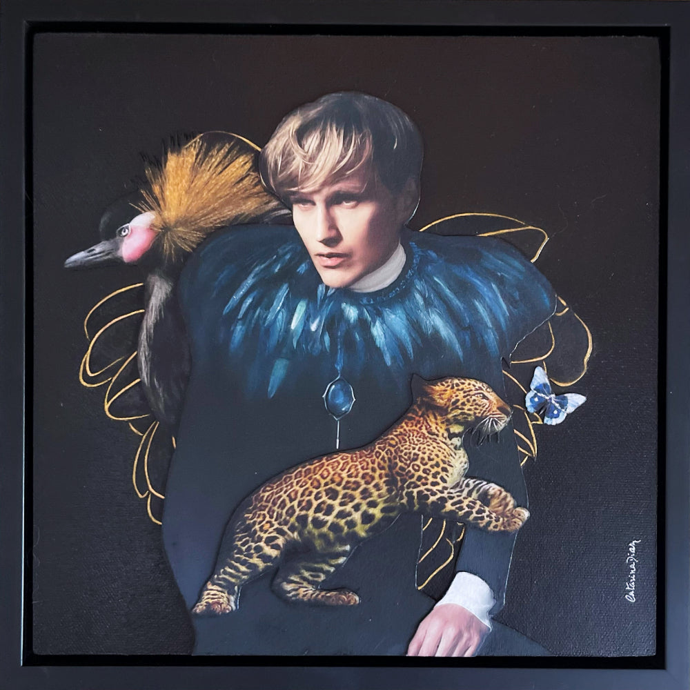 Catarina Diaz’s Let Me Hold You, analogue collage on Somerset Enhanced Velvet with oil on gesso-primed canvas. Blonde man in black with blue feathered collar, crowned crane, leopard, and blue butterfly, set against a deep black backdrop with gold accents.