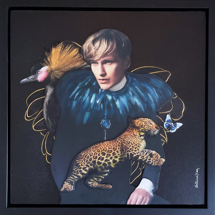 Catarina Diaz’s Let Me Hold You, analogue collage on Somerset Enhanced Velvet with oil on gesso-primed canvas. Blonde man in black with blue feathered collar, crowned crane, leopard, and blue butterfly, set against a deep black backdrop with gold accents.