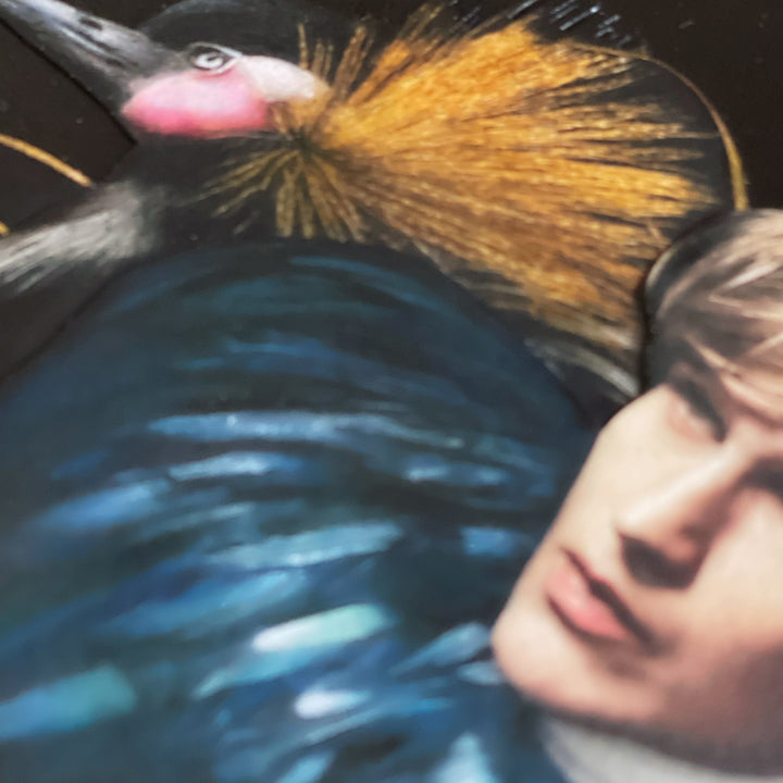 Catarina Diaz’s Let Me Hold You, analogue collage on Somerset Enhanced Velvet with oil on gesso-primed canvas. Blonde man in black with blue feathered collar, crowned crane, leopard, and blue butterfly, set against a deep black backdrop with gold accents.