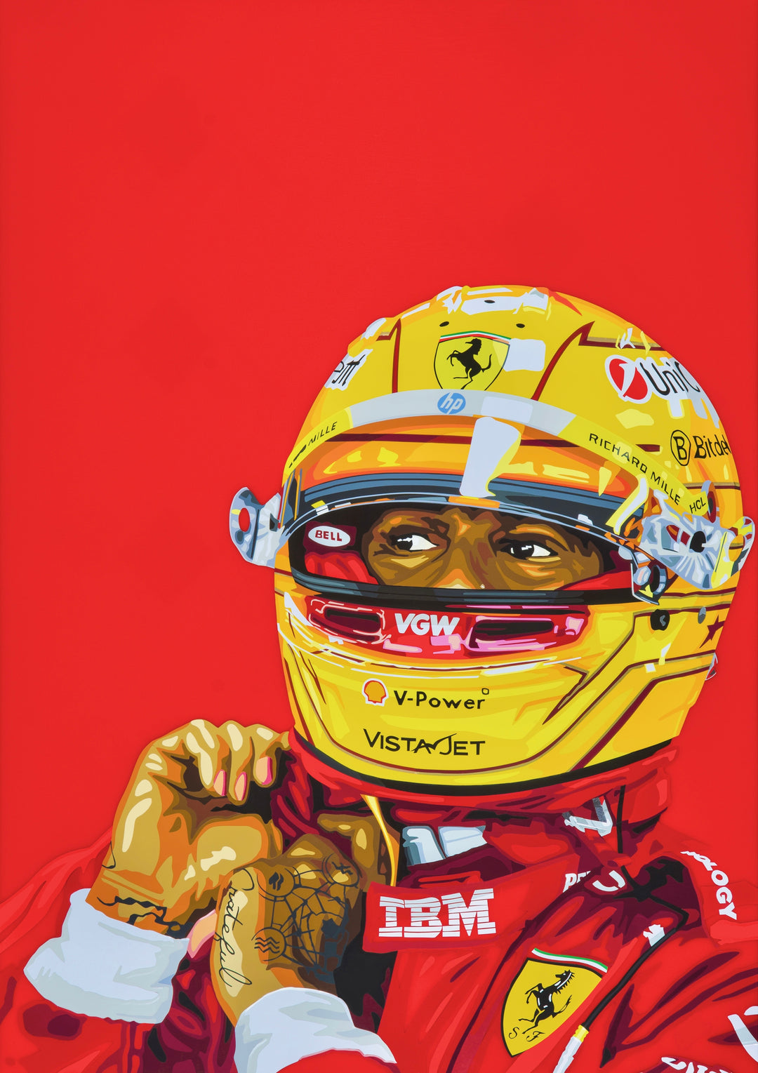Colourful artwork of a Lewis Hamilton as Ferrari Formula 1 driver adjusting helmet against red background.