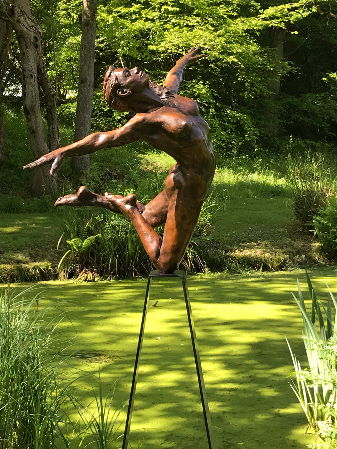 Teresa Wells’ bronze sculpture Liberty (2019), limited edition of 12, depicting a nude female figure in a dynamic leap with arms and head thrown back, one leg extended and the other bent mid-air. Cast in warm patinated bronze and mounted on a tall, powder-coated steel plinth, the piece balances elegance, athleticism, and expressive movement. At 98cm × 60cm × 190cm and 95kg, it is suited for both interior display and sheltered outdoor settings, with fine anatomical detailing smooth contours.