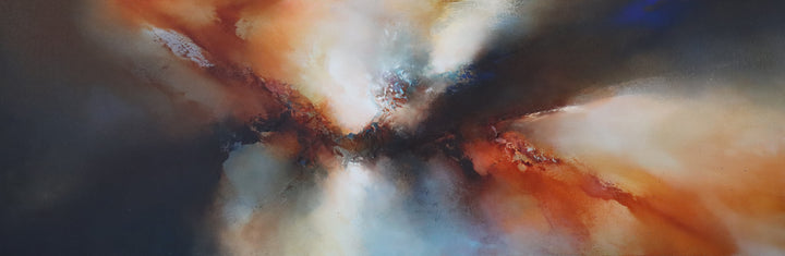 Abstract expressionist painting Light Years Past by Simon Kenny, mixing deep blues, glowing reds, warm ochres, and soft whites in a sweeping cosmic composition that radiates movement, depth, and atmospheric light.