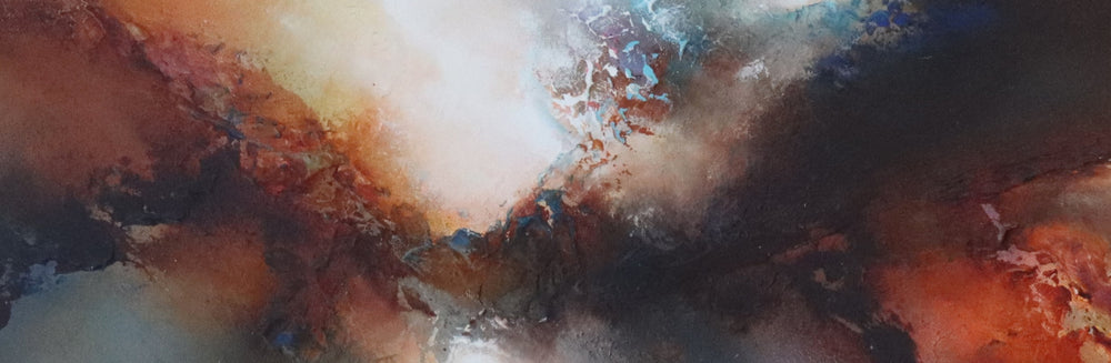 Abstract expressionist painting Light Years Past by Simon Kenny, mixing deep blues, glowing reds, warm ochres, and soft whites in a sweeping cosmic composition that radiates movement, depth, and atmospheric light.