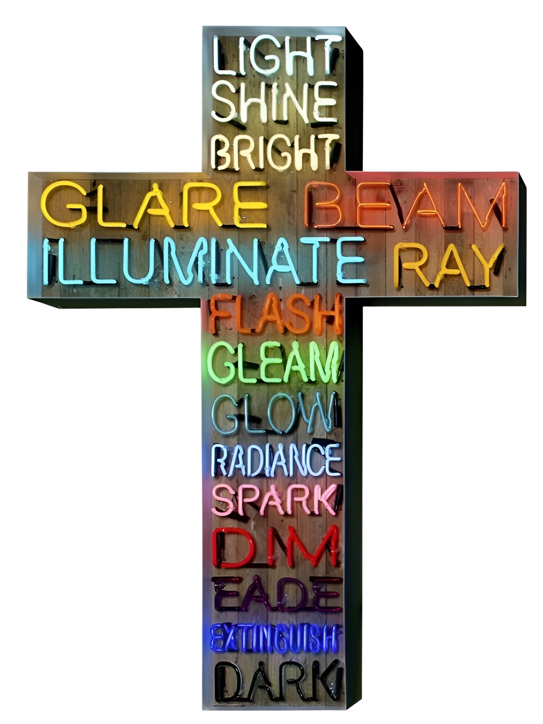 Neon artwork in the shape of a cross by Matthew Bracey, featuring a cascading list of light-related words, from “LIGHT” and “SHINE” at the top to “DARK” and “EXTINGUISH” at the base. Each word is rendered in glowing neon across a spectrum of colours including white, yellow, red, orange, green, blue, pink, and black, mounted on a wooden backdrop.