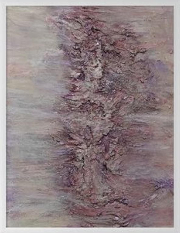 Textured abstract painting with central vertical ridge in soft pink, mauve, and lavender tones, creating an organic, layered effect