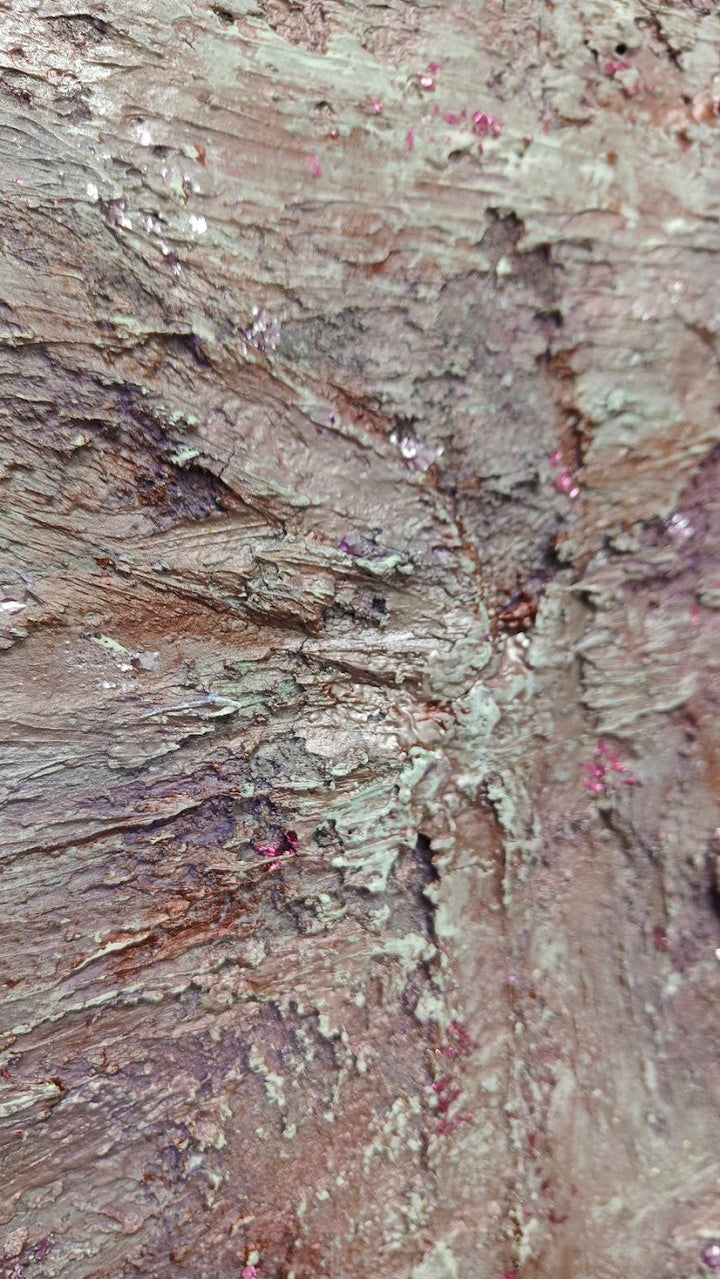 Textured abstract painting with central vertical ridge in soft pink, mauve, and lavender tones, creating an organic, layered effect

