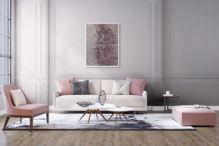 Textured abstract painting with central vertical ridge in soft pink, mauve, and lavender tones, creating an organic, layered effect

