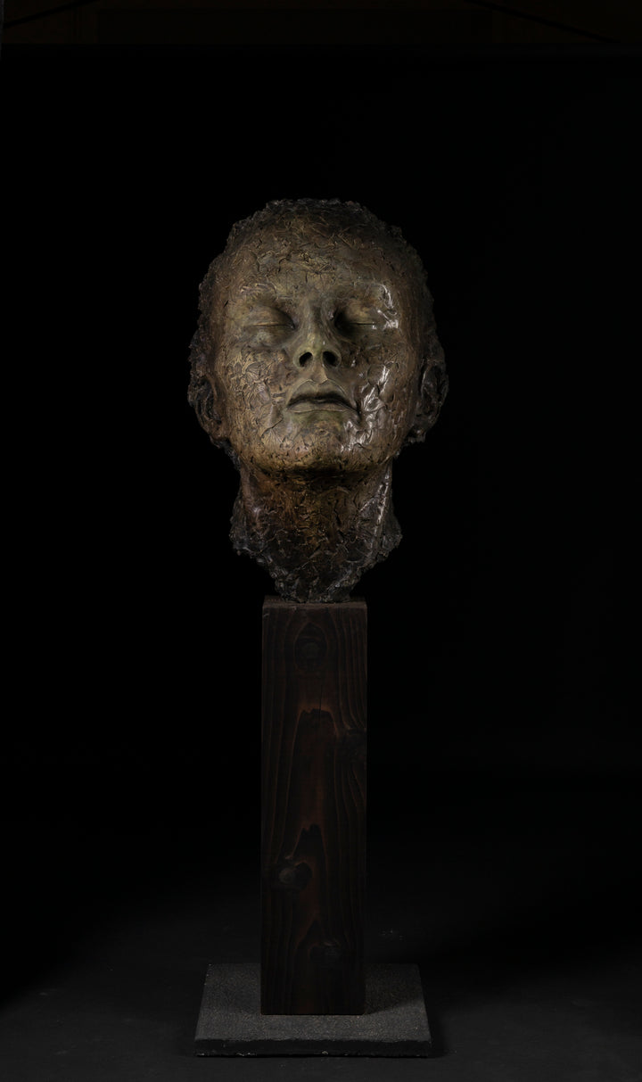 Contemplative bronze sculpture of a human face with closed eyes, tilted gently upward as if listening to the sounds of the forest. The surface is intricately detailed with embossed leaves and natural textures, merging human and woodland forms. With a rich patinated finish and mounted on a dark wooden plinth, this serene head sculpture symbolises quiet connection to nature, tree communication, and environmental awareness.