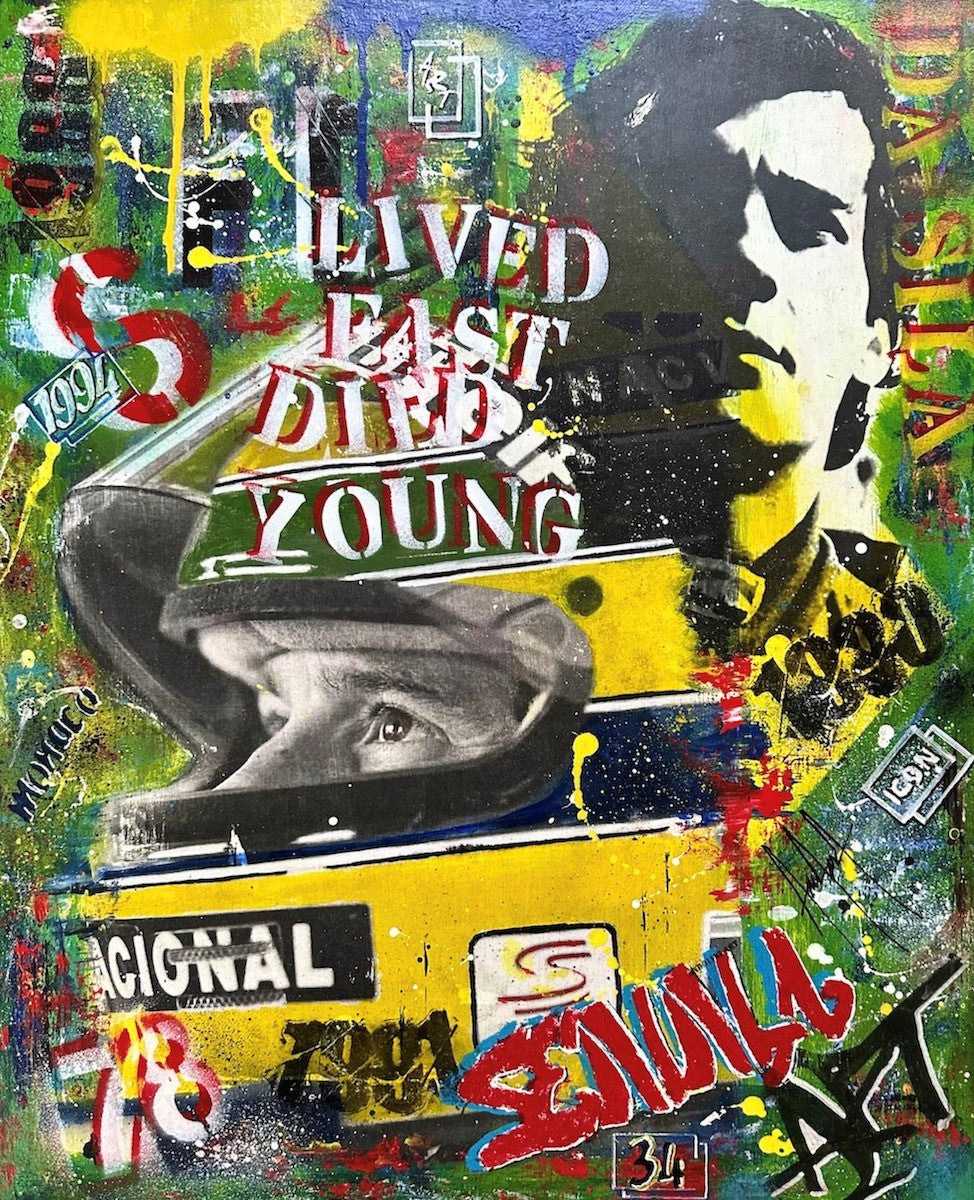 “Lived on the Edge by Andolini Art – mixed media painting on wood featuring Ayrton Senna portrait and racing helmet, layered graffiti text reading ‘Lived Fast Died Young,’ bold street art style with spray paint splashes, stencilled lettering, pop art collage elements, colours red, yellow, blue, green, black and white.”