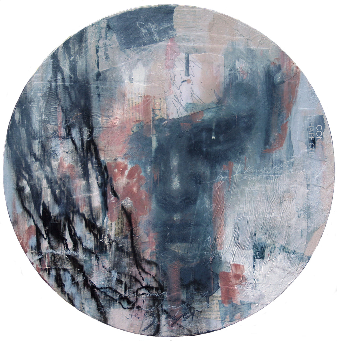 A moody, ethereal mixed media painting by Toni Cogdell on a circular wood panel. Layers of acrylic, oil paint, and collage materials form a soft, ghost-like portrait that seems to emerge from and dissolve into the surface. Tones of charcoal grey, rose, cream, and pale blue are applied with expressive texture and gestural marks, creating a mysterious, almost dreamlike presence. Subtle botanical impressions and abstract forms weave through the surface, adding to the artwork’s sense of quiet contemplation.