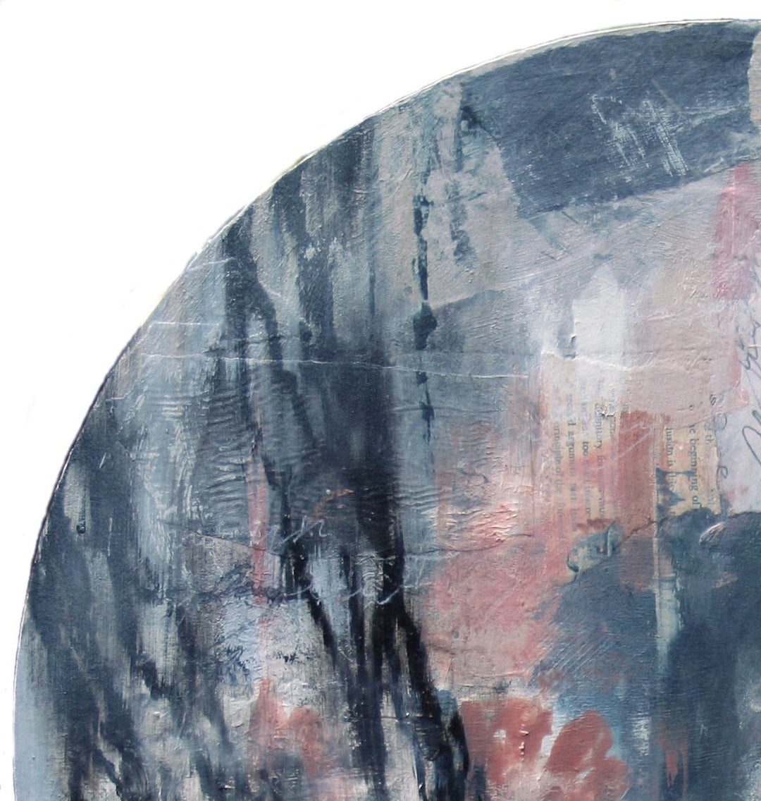 A moody, ethereal mixed media painting by Toni Cogdell on a circular wood panel. Layers of acrylic, oil paint, and collage materials form a soft, ghost-like portrait that seems to emerge from and dissolve into the surface. Tones of charcoal grey, rose, cream, and pale blue are applied with expressive texture and gestural marks, creating a mysterious, almost dreamlike presence. Subtle botanical impressions and abstract forms weave through the surface, adding to the artwork’s sense of quiet contemplation.