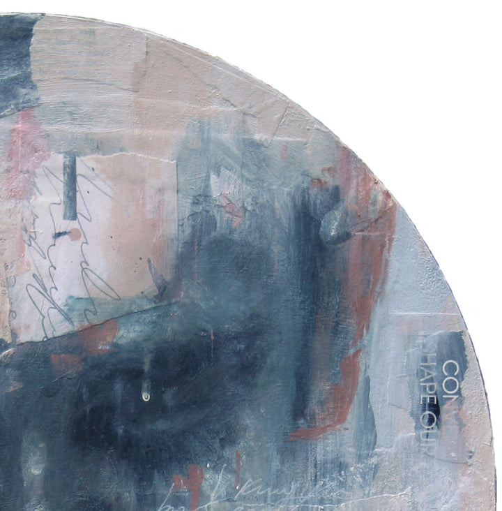 A moody, ethereal mixed media painting by Toni Cogdell on a circular wood panel. Layers of acrylic, oil paint, and collage materials form a soft, ghost-like portrait that seems to emerge from and dissolve into the surface. Tones of charcoal grey, rose, cream, and pale blue are applied with expressive texture and gestural marks, creating a mysterious, almost dreamlike presence. Subtle botanical impressions and abstract forms weave through the surface, adding to the artwork’s sense of quiet contemplation.
