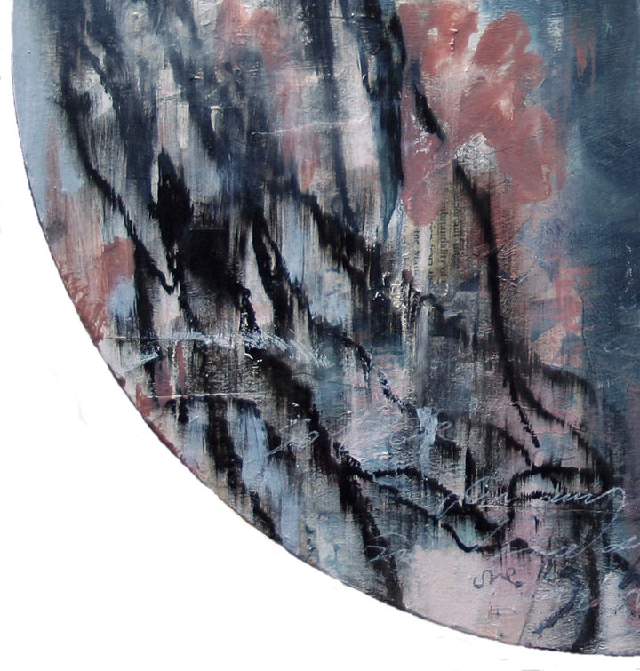 A moody, ethereal mixed media painting by Toni Cogdell on a circular wood panel. Layers of acrylic, oil paint, and collage materials form a soft, ghost-like portrait that seems to emerge from and dissolve into the surface. Tones of charcoal grey, rose, cream, and pale blue are applied with expressive texture and gestural marks, creating a mysterious, almost dreamlike presence. Subtle botanical impressions and abstract forms weave through the surface, adding to the artwork’s sense of quiet contemplation.