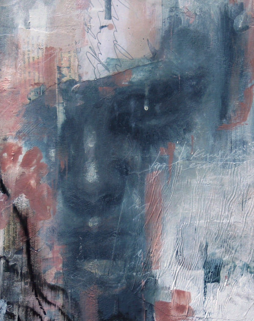 A moody, ethereal mixed media painting by Toni Cogdell on a circular wood panel. Layers of acrylic, oil paint, and collage materials form a soft, ghost-like portrait that seems to emerge from and dissolve into the surface. Tones of charcoal grey, rose, cream, and pale blue are applied with expressive texture and gestural marks, creating a mysterious, almost dreamlike presence. Subtle botanical impressions and abstract forms weave through the surface, adding to the artwork’s sense of quiet contemplation.