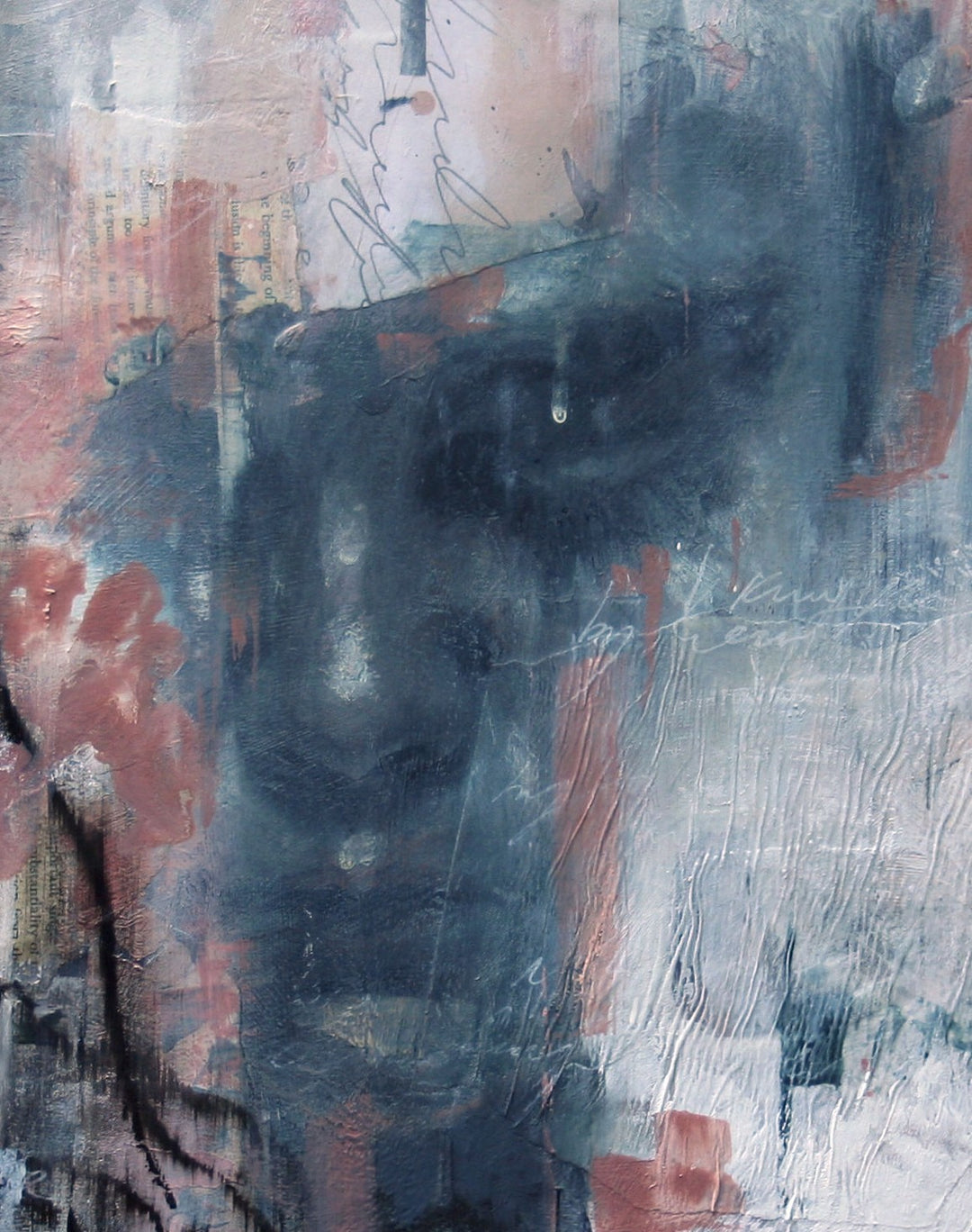 A moody, ethereal mixed media painting by Toni Cogdell on a circular wood panel. Layers of acrylic, oil paint, and collage materials form a soft, ghost-like portrait that seems to emerge from and dissolve into the surface. Tones of charcoal grey, rose, cream, and pale blue are applied with expressive texture and gestural marks, creating a mysterious, almost dreamlike presence. Subtle botanical impressions and abstract forms weave through the surface, adding to the artwork’s sense of quiet contemplation.